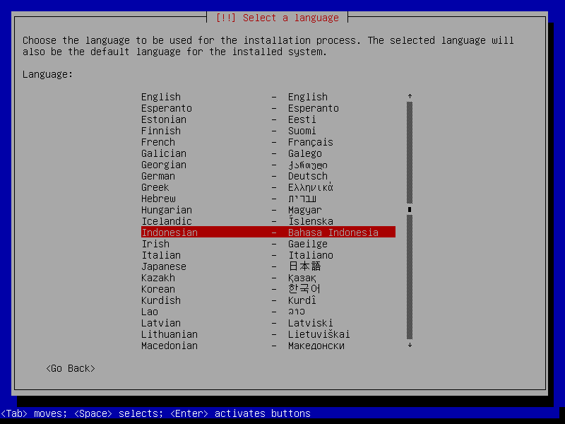 pilih bahasa instal kali linux