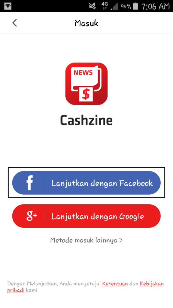 cara daftar dengan facebook di aplikasi Cashzine