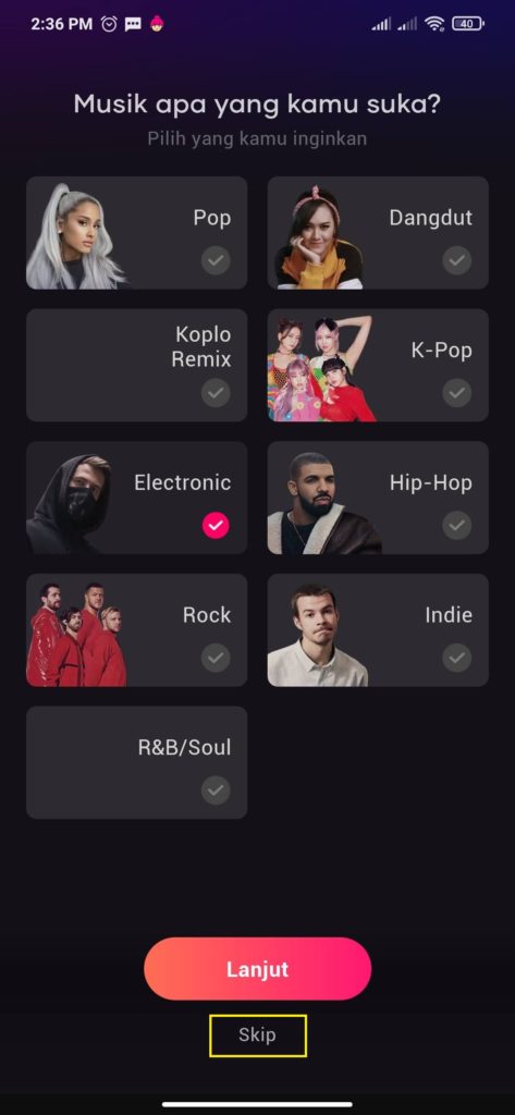 cara memilih musik dari aplikasi resso