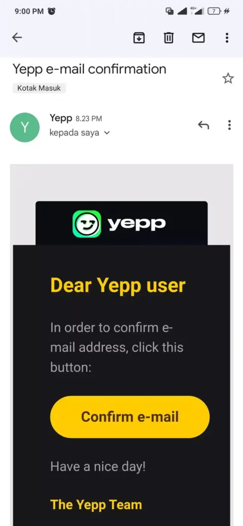 verifikasi email di aplikasi Yepp