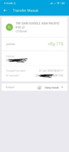 kiriman dari google asia untuk verifikasi rekening jenius