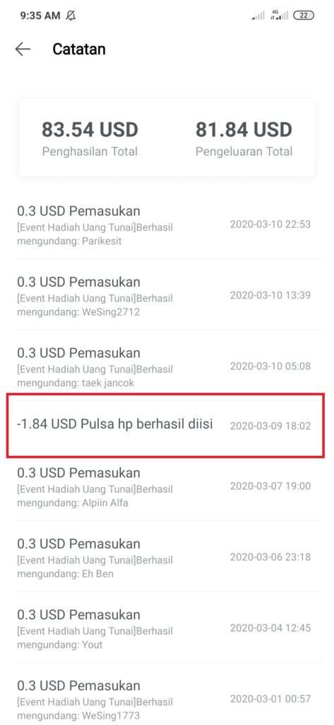 Bukti Pulsa Gratis dari Aplikasi Wesing 