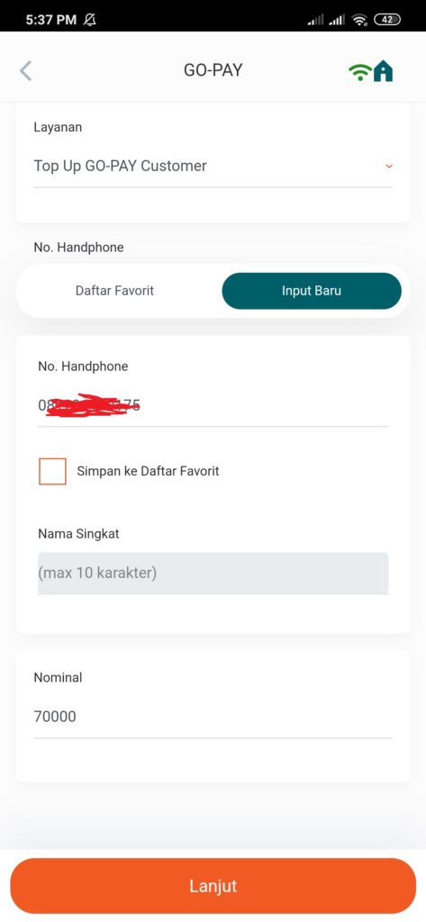 Top up gopay dari BNI