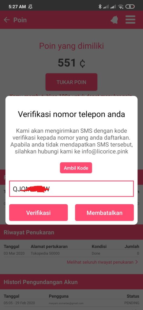 kode verifikasi penukaran poin licorice