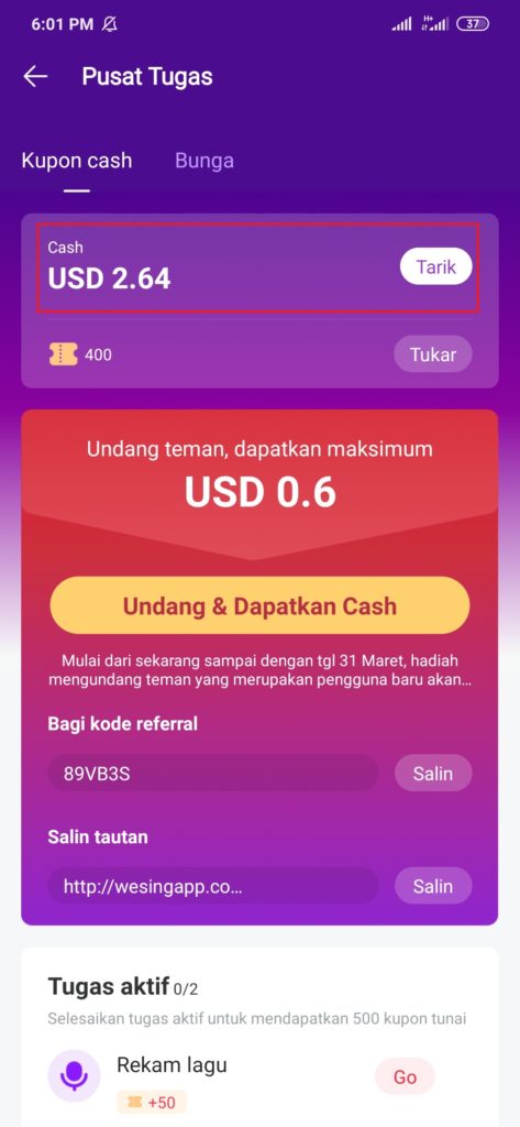 menukarkan dollar dengan pulsa gratis dari aplikasi wesing