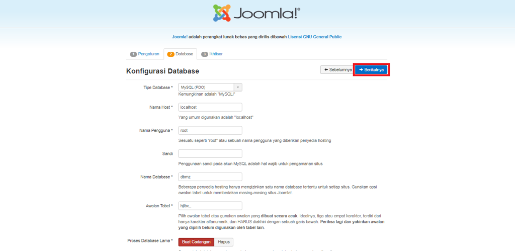 Konfigurasi Database Joomla