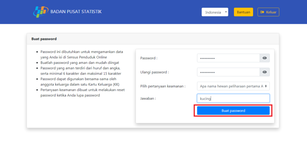 Membuat password dari situs sensus penduduk