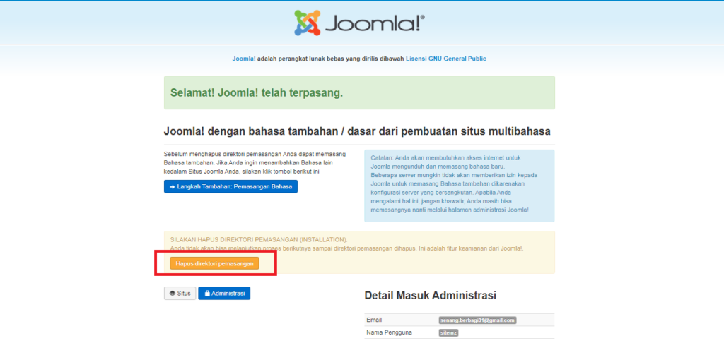 menghapus direktori file instalasi