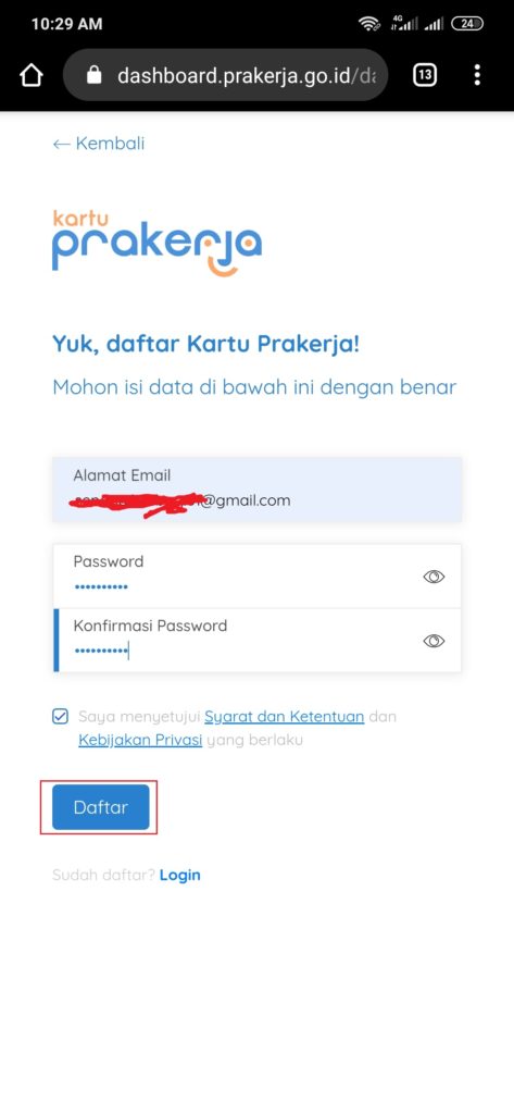 cara mengisi email pendaftaran kartu prakerja