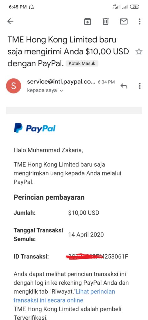 Bukti Dollar Gratis dari Aplikasi Wesing Android