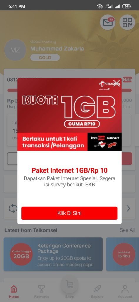 Kuota Telkomsel 1GB Rp10 dengan Isi Survei