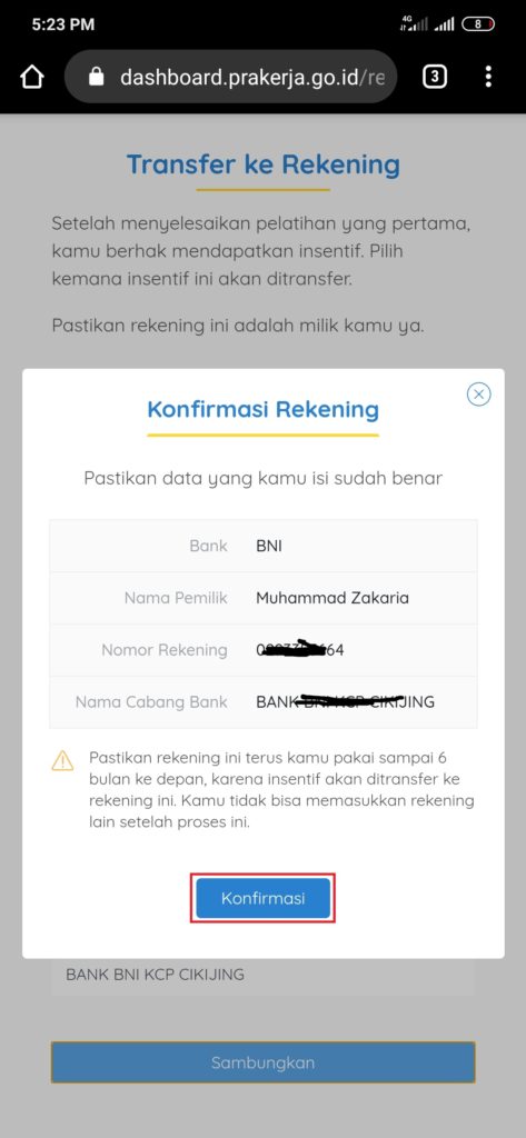 konfirmasi rekening kartu prakerja