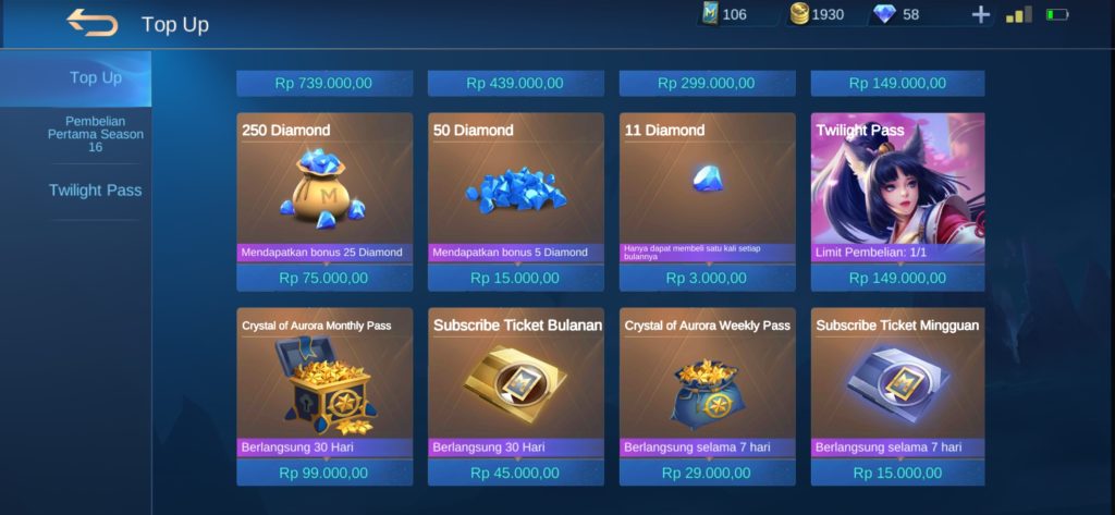 Topup Diamonds Mobile legends dari Dunia Games