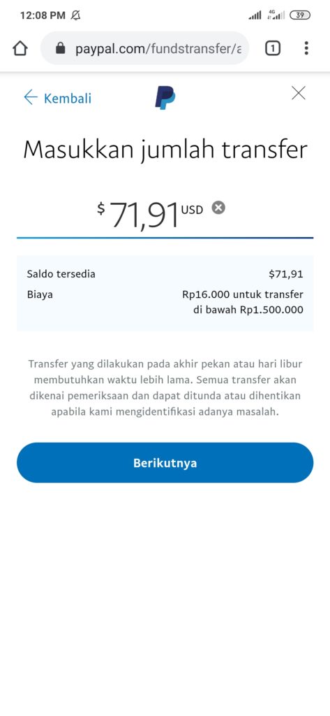 jumlah penarikan ke rekening bank