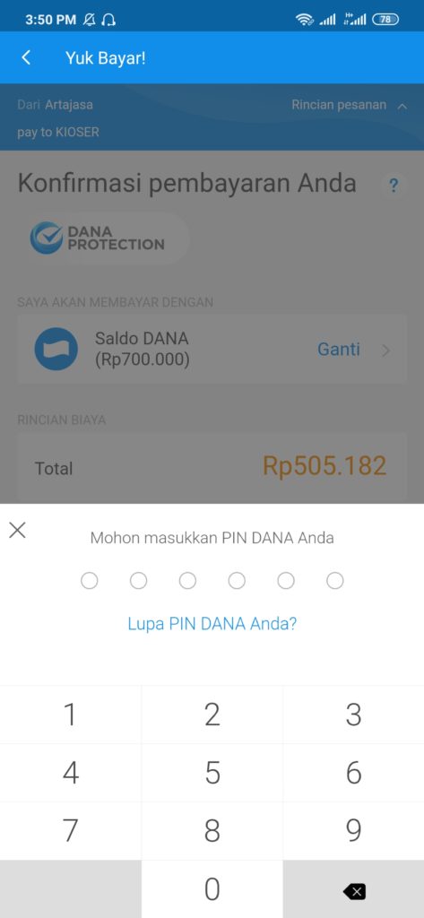 masukan pin transaksi untuk deposit kioser dari dana