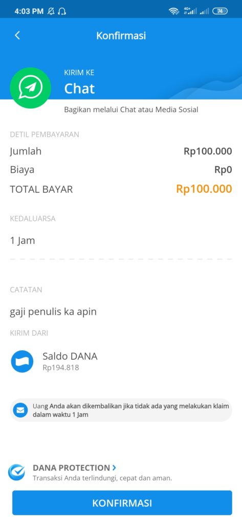 konfirmasi kirim uang dana lewar chat whatsapp