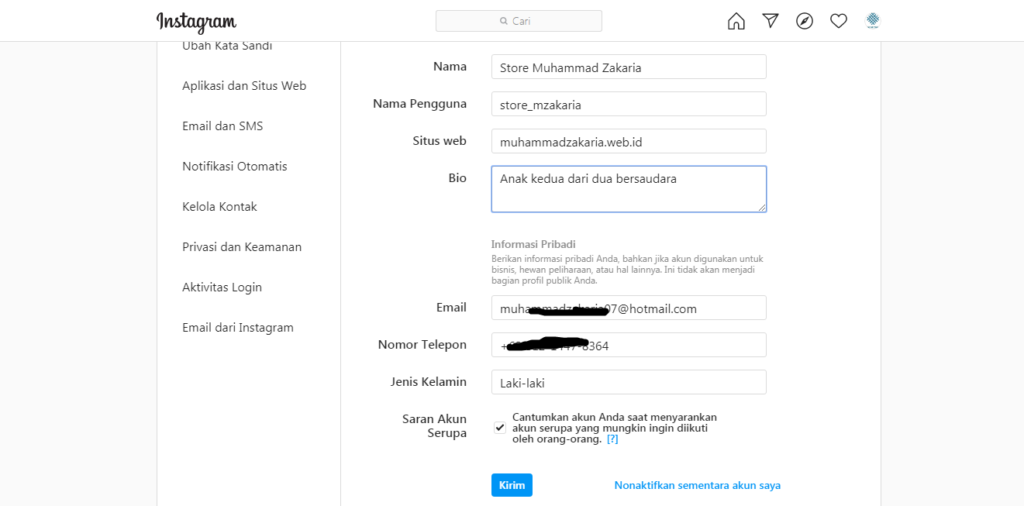 cara mengisi profil instagram dari laptop