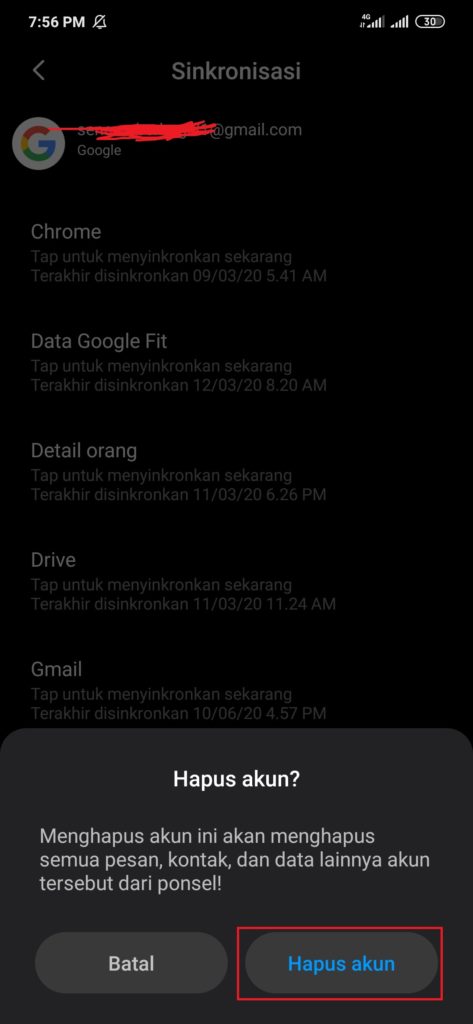 Hapus akun email dari hp android