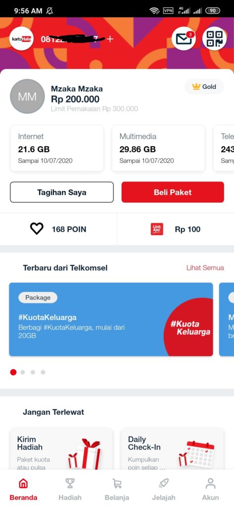 Cek kuota Internet telkomsel melalui Aplikasi My Telkomsel