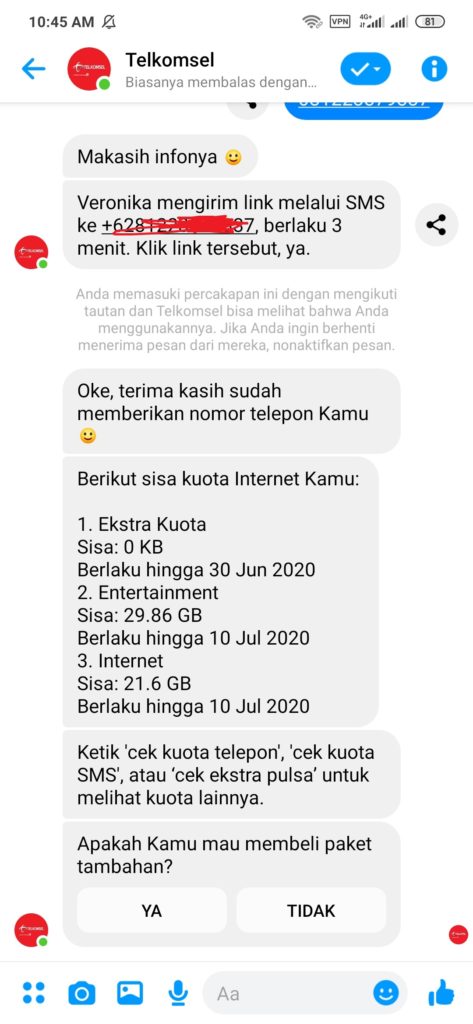 cek kuota telkomsel dari facebook