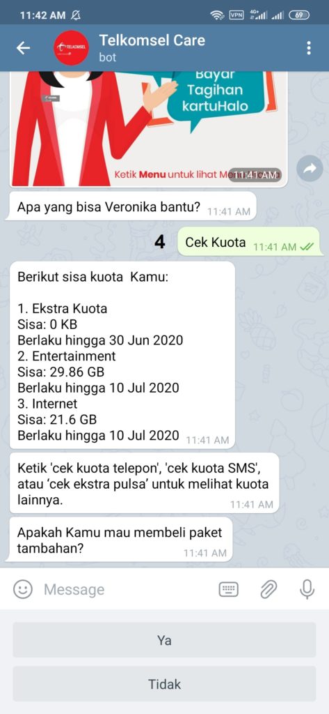 Cek kuota internet telkomsel dari telegram