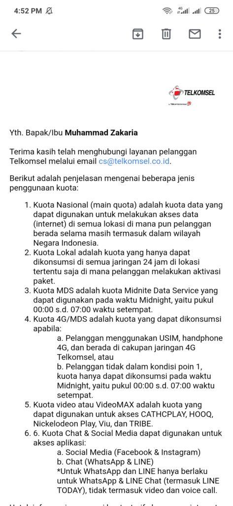 Cek kuota dari email telkomsel