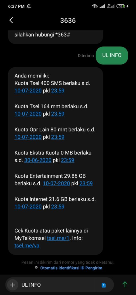 cek kuota internet telkomsel dengan cara sms