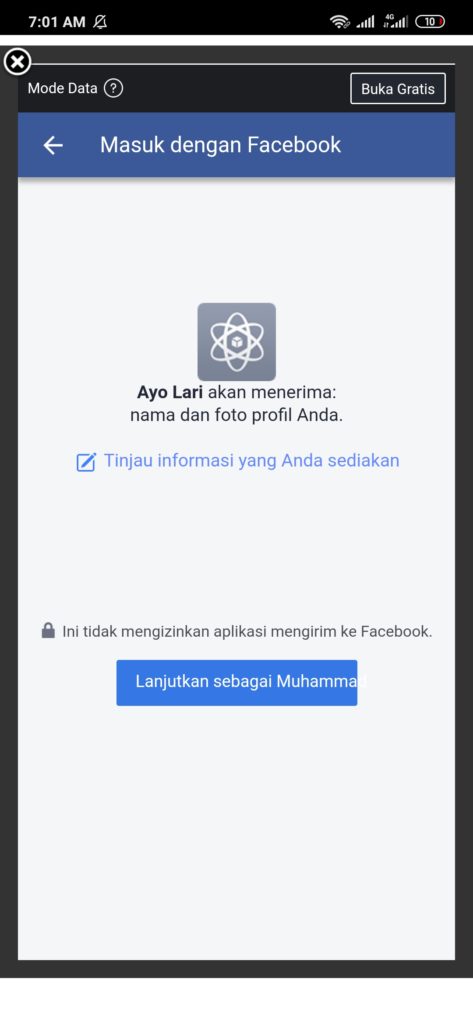 login pada aplikasi Ayo Lari