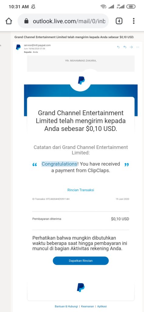 Bukti Penarikan dari Aplikasi ClipClaps Android