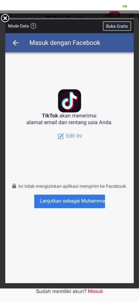 login Tiktok dengan akun facebook