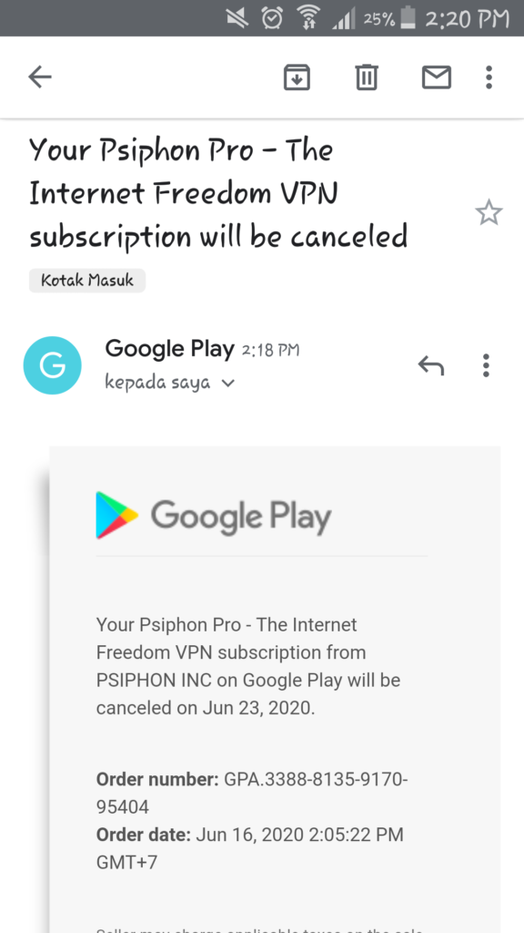 Bukti Sudah tidak berlangganan lagi dari  Aplikasi Google PLay