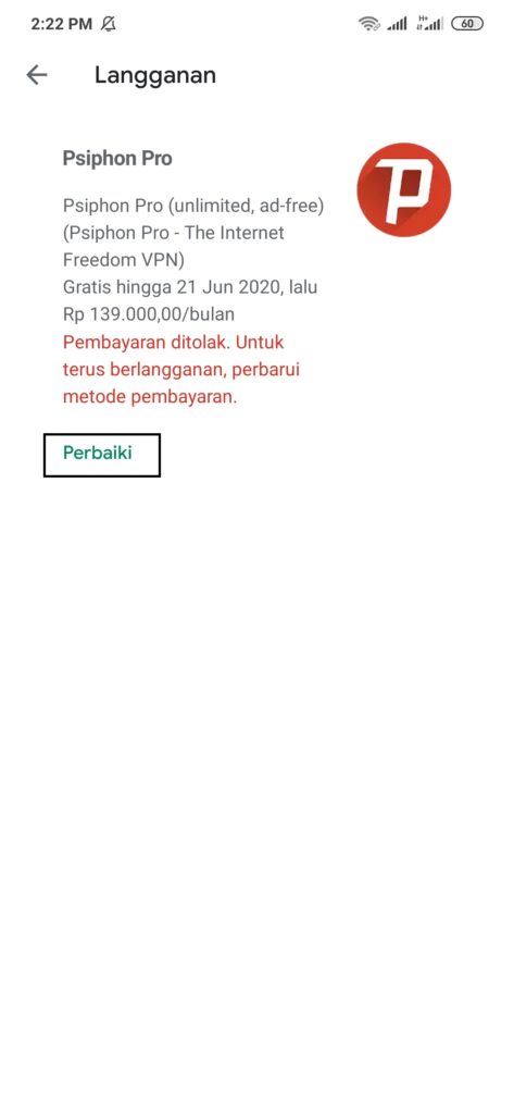 Cara Mengatasi Pembayaran di Tolak dari Aplikasi Psiphone Pro