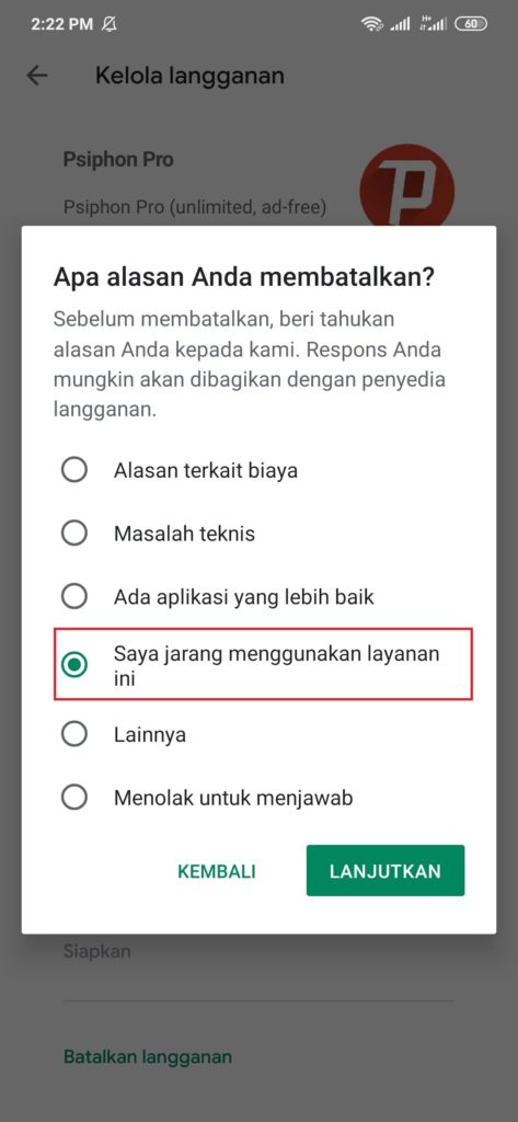 Alasan  membatalkan aplikasi Psiphone pro