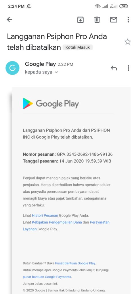 Bukti Berhasil Membatalkan Langganan dari Aplikasi Psiphone Pro