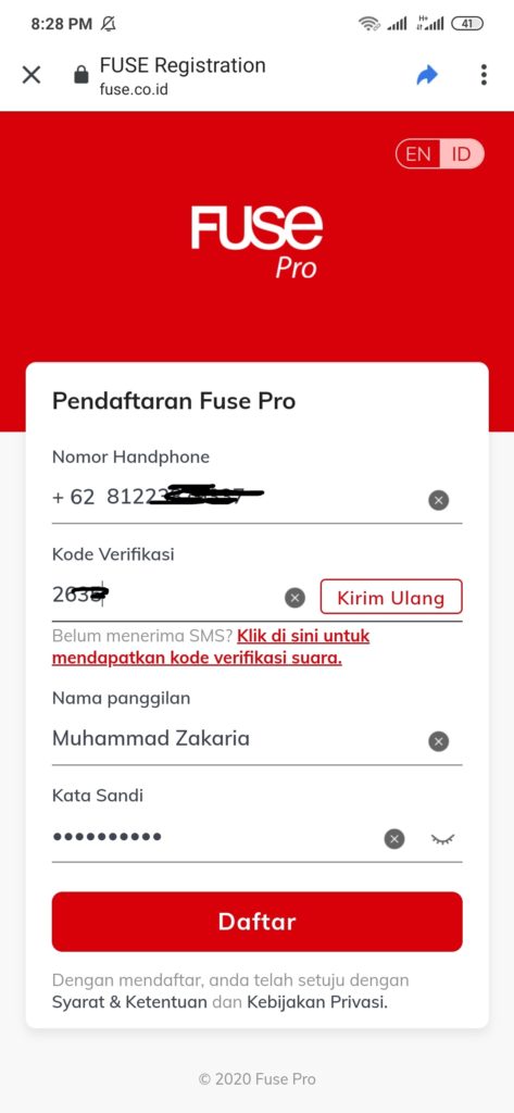 Cara daftar dari Aplikasi Fuse Pro