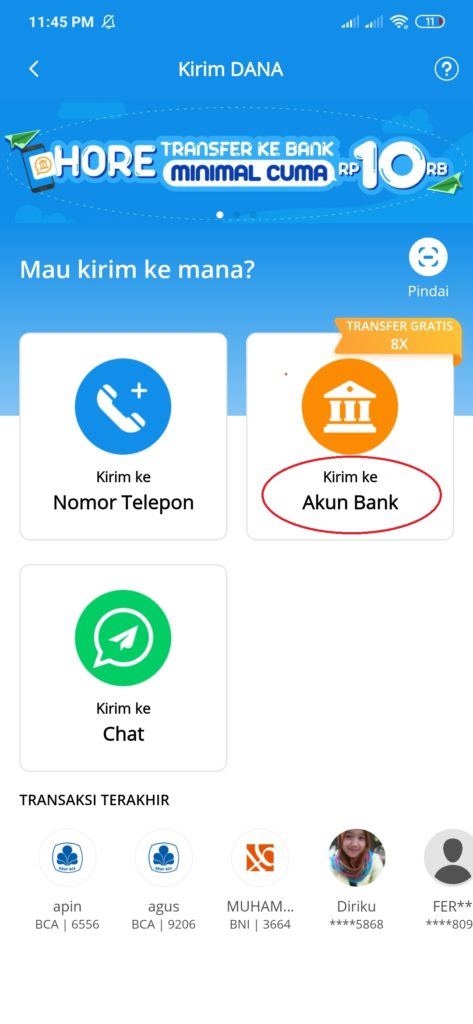 Kirim uang ke akun bank Gopay