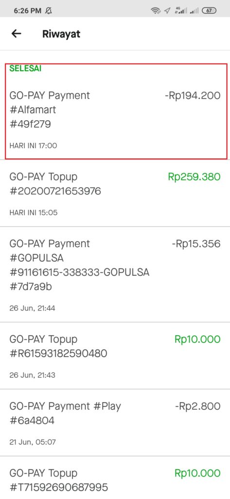 Bukti Transaksi di Alfamart bayar dengan Gopay