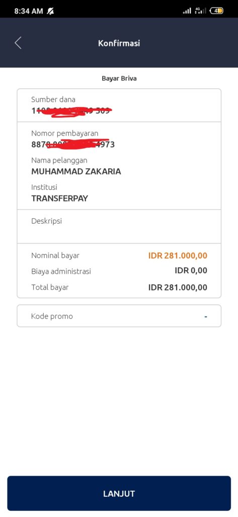 konfirmasi pembayaran di aplikasi brimo