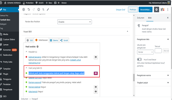 cara mengatasi kalimat pasif pada plugin Yoast SEO