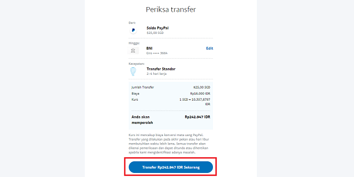 Klik kirim ke rekening bank Indonesia dari Paypal SGD