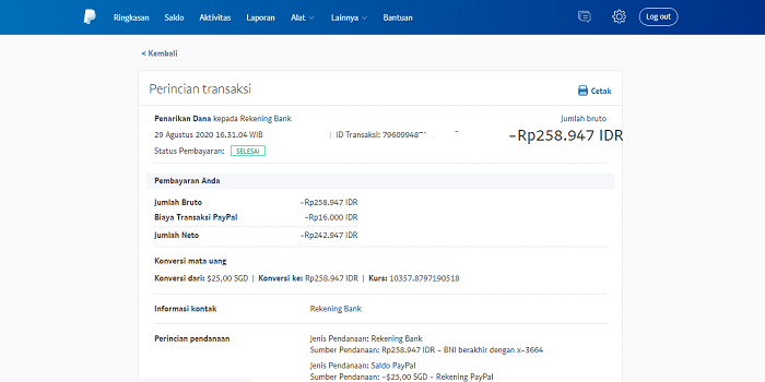 Bukti penarikan uang dari paypal