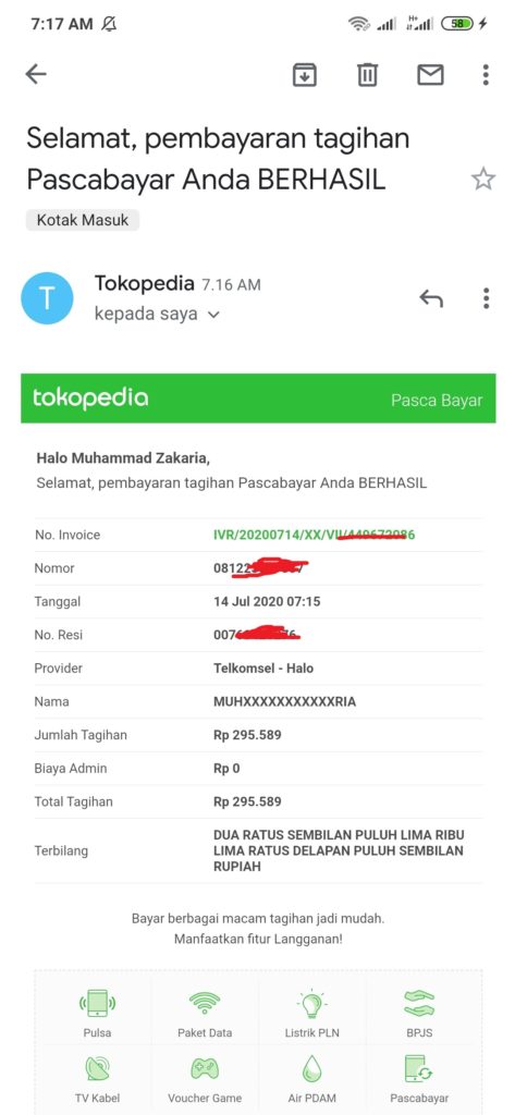 berhasil melakukan pembayaran tagian kartu halo dengan Tokopedia