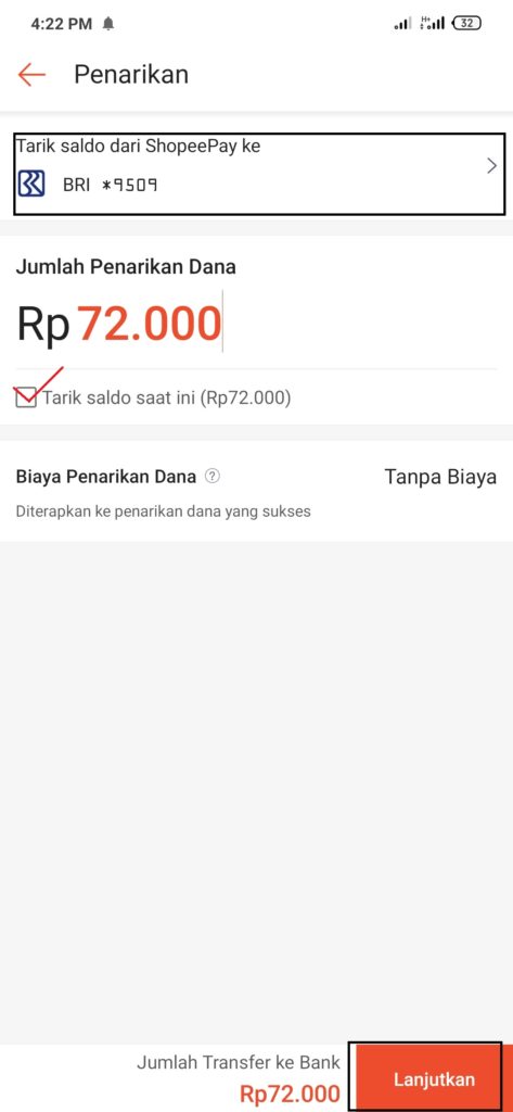 Pilih rekening bank untuk penarikan Shopeepay