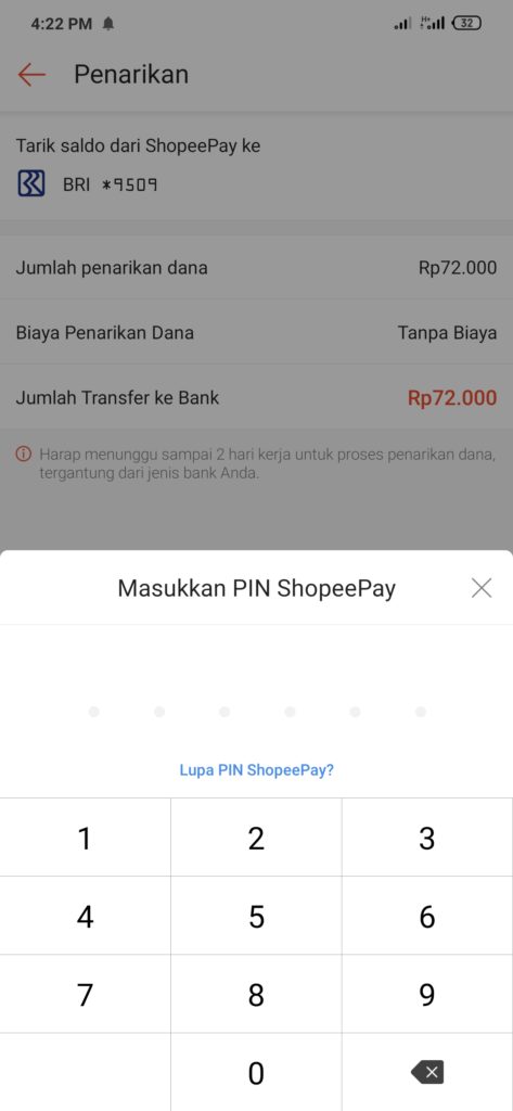 konfirmasi penarikan uang di shopeepay