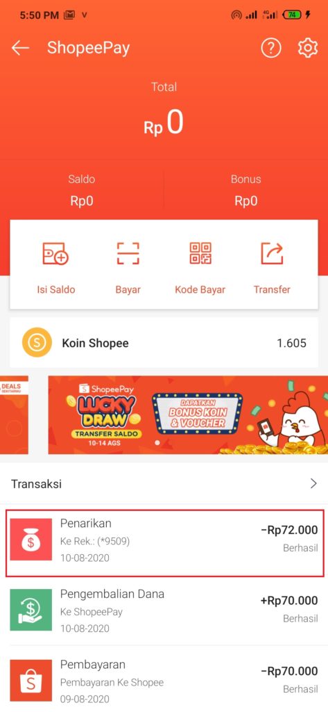 Bukti Penarikan Saldo Shopeepay berhasil