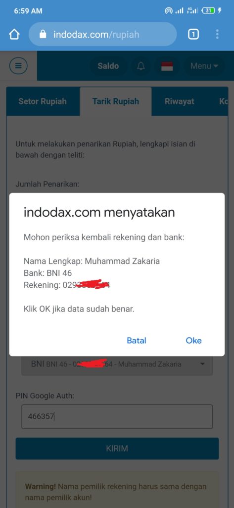 cara mencairkan uang dari INdodax