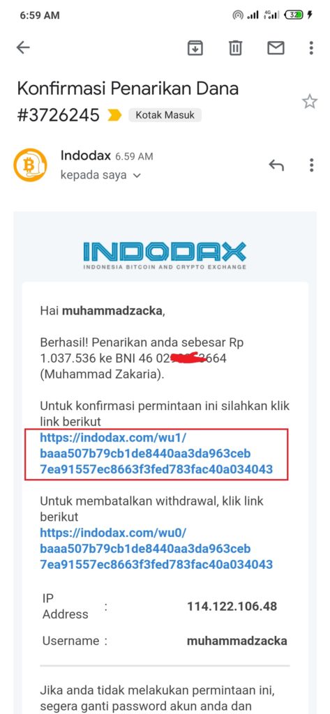 konfirmasi pencairan dana ke akun indodax ke rekening bank