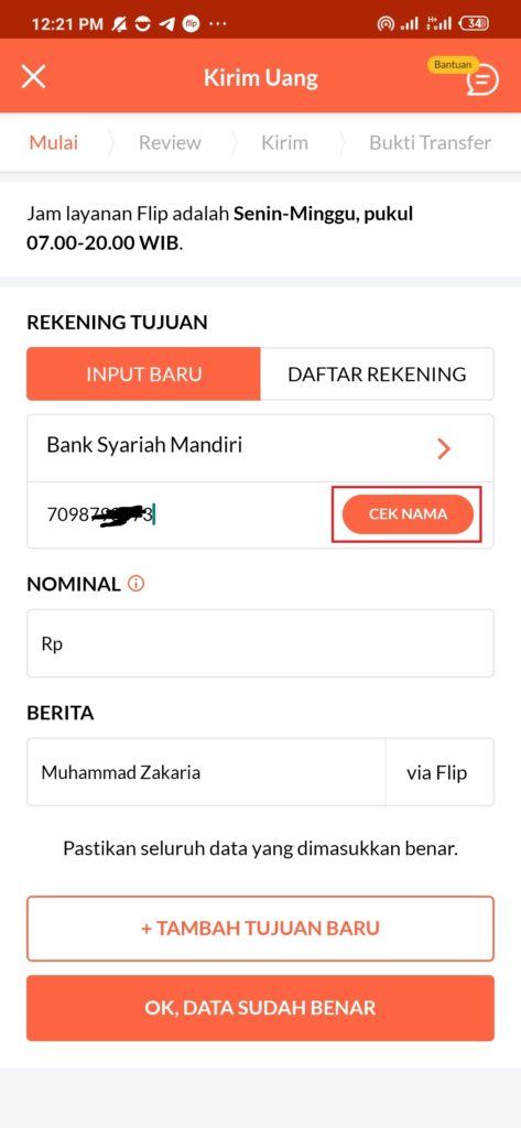 tambah rekening di flip