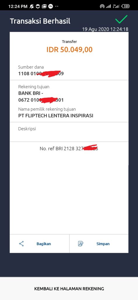 Bukti Kirim uang ke rekening BRI Flip dari rekening BRI kita ke MAndiri