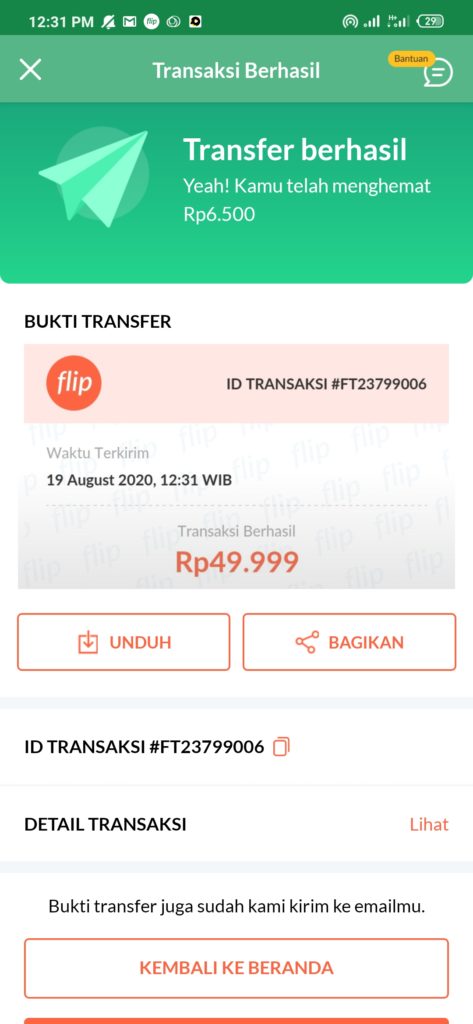 bukti kirim uang dari BRI ke Mandiri dengan Flip